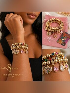Sassy Jones Gold Crystal Charm Bracelet Stack Multicolor Statement Luxe NWT